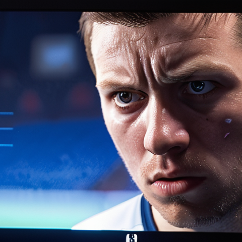 A close-up shot of a gamer's face, intensely focused on a screen displaying an EA Sports FC Online match. The player's expression should convey a mix of passion and subtle frustration. Overlayed or subtly integrated into the scene are visual glitches like a brief "lag" icon, a momentarily frozen player on the screen, or a disconnections symbol, representing the common technical and gameplay issues faced by players. The lighting should be atmospheric, highlighting the gamer's intense focus.