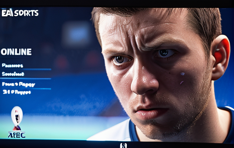 A close-up shot of a gamer's face, intensely focused on a screen displaying an EA Sports FC Online match. The player's expression should convey a mix of passion and subtle frustration. Overlayed or subtly integrated into the scene are visual glitches like a brief "lag" icon, a momentarily frozen player on the screen, or a disconnections symbol, representing the common technical and gameplay issues faced by players. The lighting should be atmospheric, highlighting the gamer's intense focus.