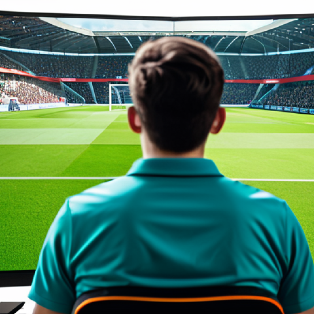 A focused esports player, fully clothed in professional esports team attire, seated in a futuristic gaming room. On the large monitor, a virtual football game displays a subtle visual glitch: a player character appears momentarily stuck or runs in an unnatural loop on a pristine green pitch, causing mild frustration on the player's face. The scene is captured with professional photography, high-resolution, sharp focus, and vibrant colors. The subject exhibits perfect anatomy, correct proportions, natural pose, well-formed hands, and proper finger count, with natural body proportions. This image is safe for work, appropriate content, professional dress, and modest clothing.