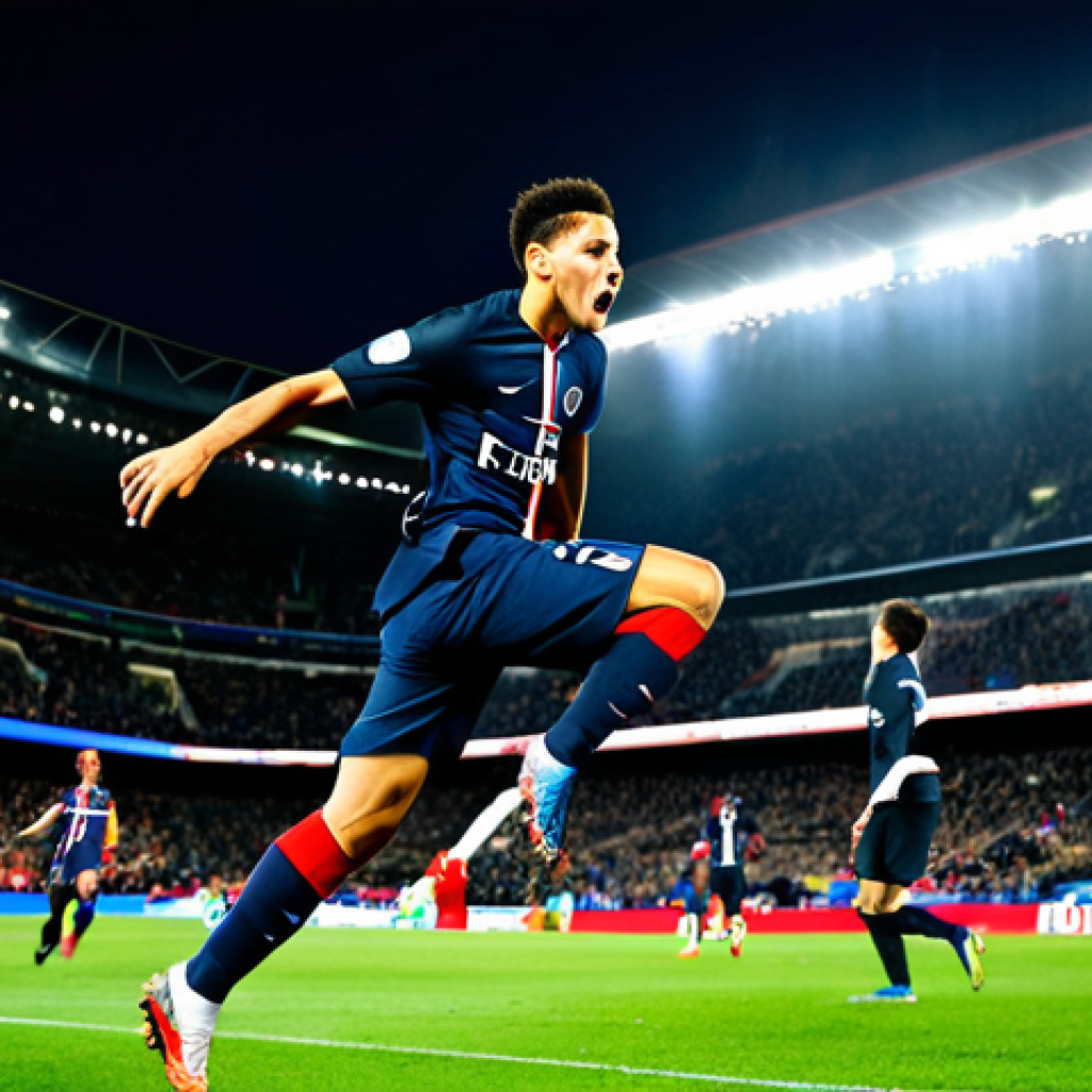 The Elite Striker**
"A dynamic action shot of a soccer player in a Paris Saint-Germain (PSG) jersey, about to score a goal. The player is focused, powerful, and showcases perfect form. In the background, a packed stadium roars with excitement, featuring French flags. The lighting is dramatic, emphasizing the intensity of the moment. The soccer ball is mid-air, seemingly unstoppable. fully clothed, appropriate attire, safe for work, perfect anatomy, natural proportions, professional sports photography, high quality, elite athlete."
**