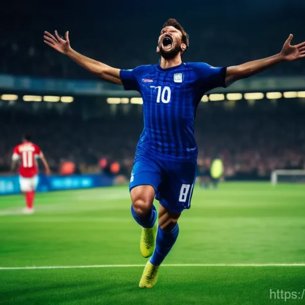 FC온라인 전설 선수 등급 비교 - An iconic football striker, in a full, vibrant football kit, celebrates scoring a decisive goal in a...