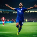 FC온라인 전설 선수 등급 비교 - An iconic football striker, in a full, vibrant football kit, celebrates scoring a decisive goal in a...