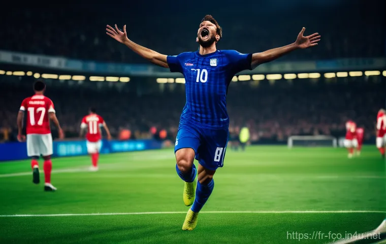 FC온라인 전설 선수 등급 비교 - An iconic football striker, in a full, vibrant football kit, celebrates scoring a decisive goal in a...