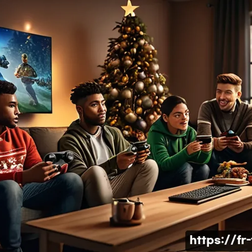 FC온라인 무료 아이템 이벤트 - A dynamic scene of a diverse group of gamers in a cozy living room, focused intently on a large scre...