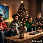 FC온라인 무료 아이템 이벤트 - A dynamic scene of a diverse group of gamers in a cozy living room, focused intently on a large scre...