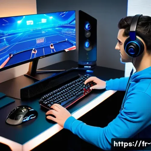 FC온라인 BP 벌기 노하우 - A dynamic esports gaming setup featuring a French player intensely focused on a high-stakes football...