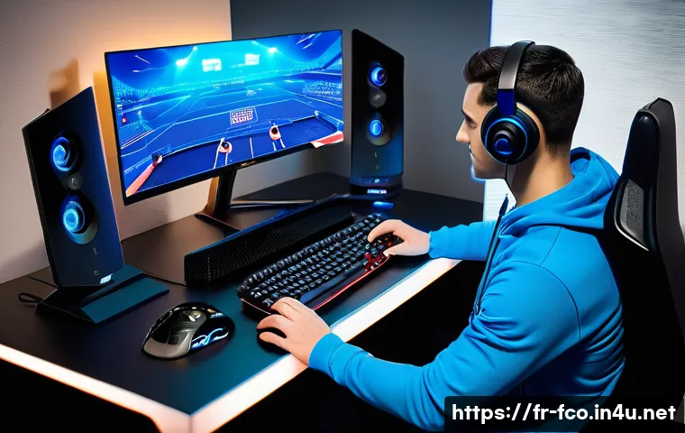 FC온라인 BP 벌기 노하우 - A dynamic esports gaming setup featuring a French player intensely focused on a high-stakes football...
