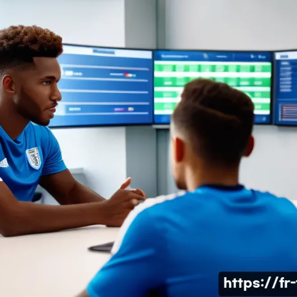 FC온라인 팀 가치 상승법 - A dynamic football team management scene set in a modern stadium office, featuring a diverse group o...