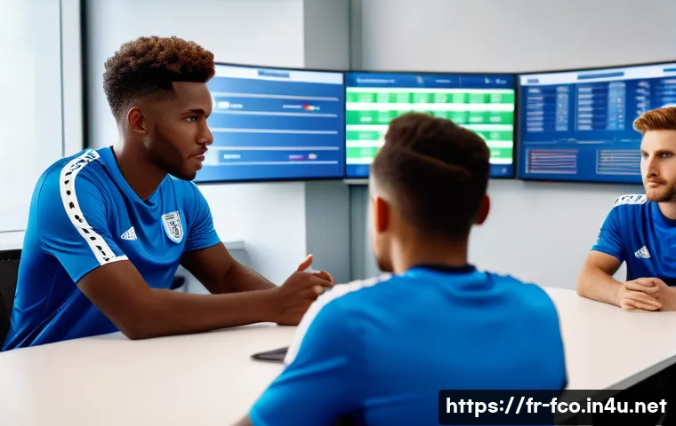 FC온라인 팀 가치 상승법 - A dynamic football team management scene set in a modern stadium office, featuring a diverse group o...