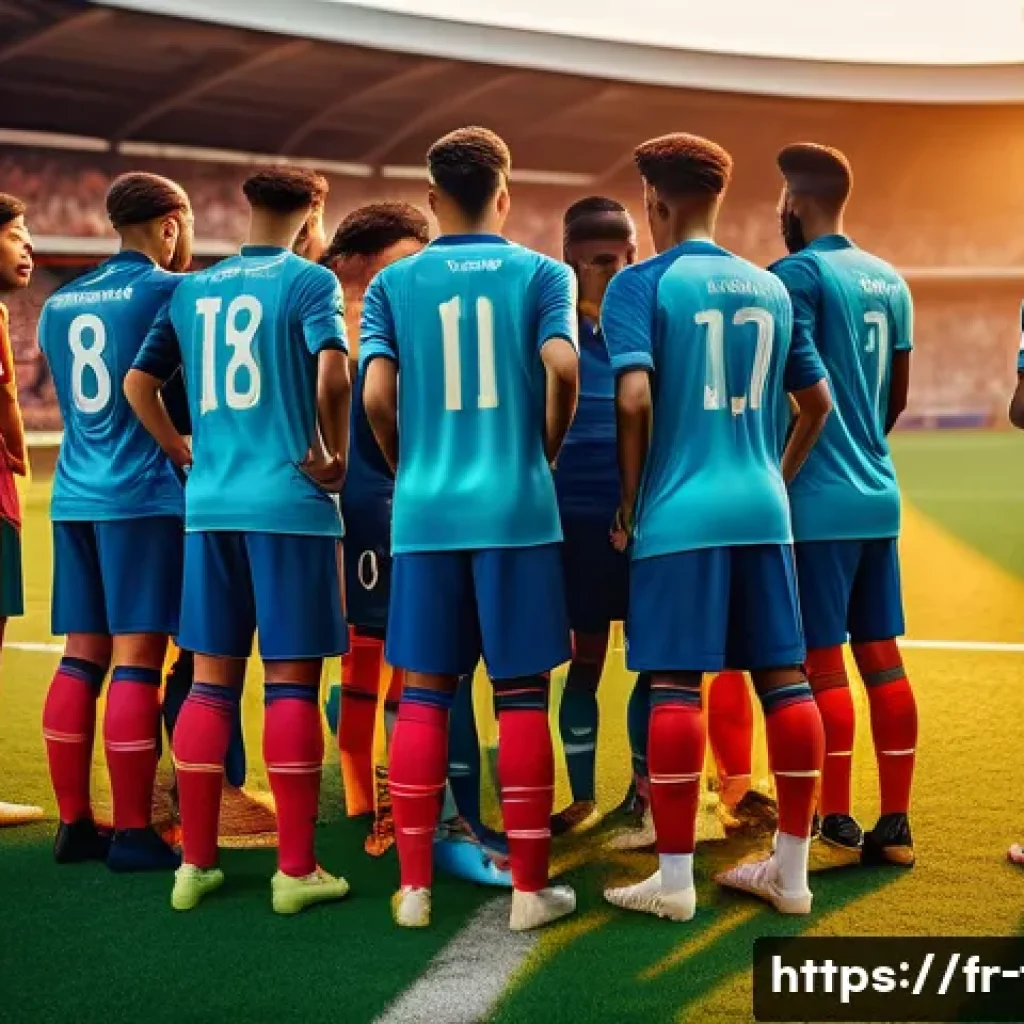 FC온라인 자주 묻는 질문 - A dynamic soccer team huddle on a modern football pitch at sunset, with players wearing detailed, co...