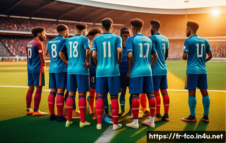 FC온라인 자주 묻는 질문 - A dynamic soccer team huddle on a modern football pitch at sunset, with players wearing detailed, co...