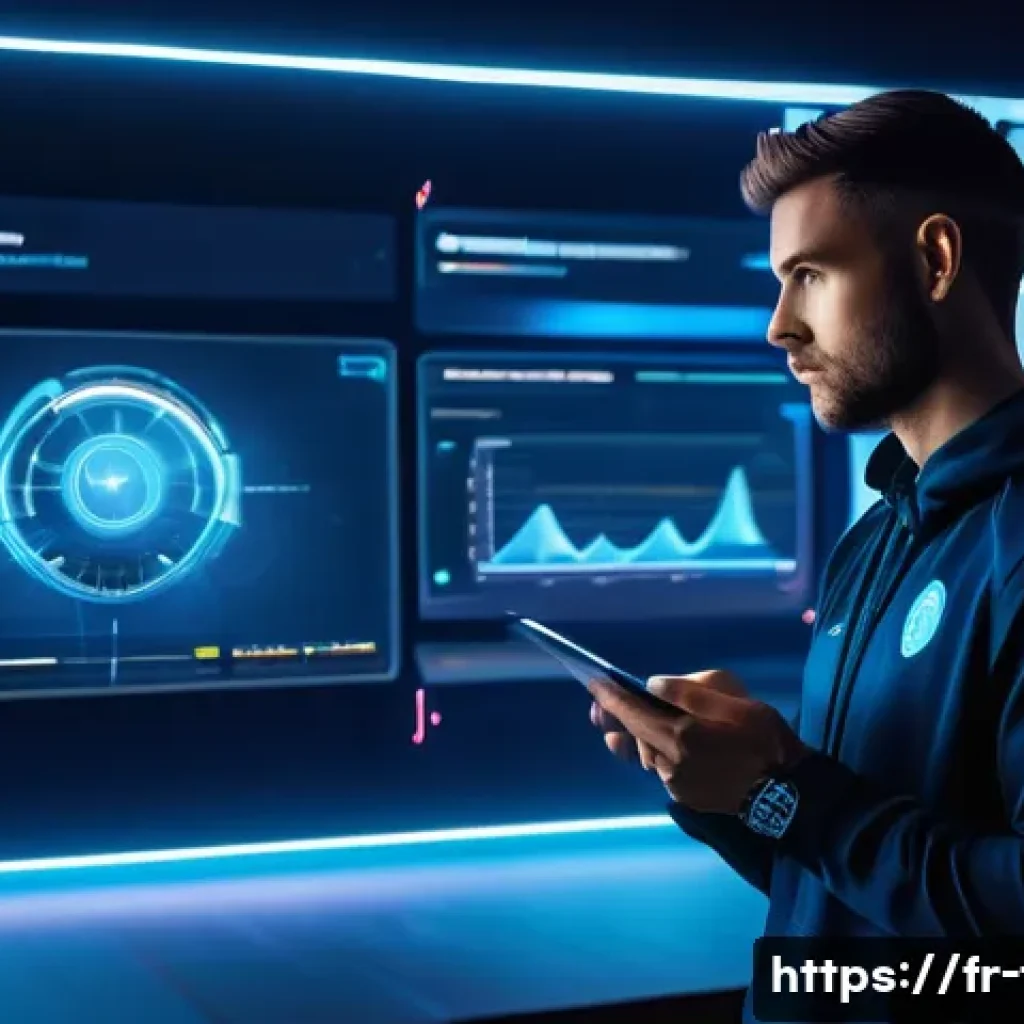 FC온라인 경기 리플레이 분석 - A detailed digital illustration of a virtual soccer coach analyzing a replay on a large, transparent...