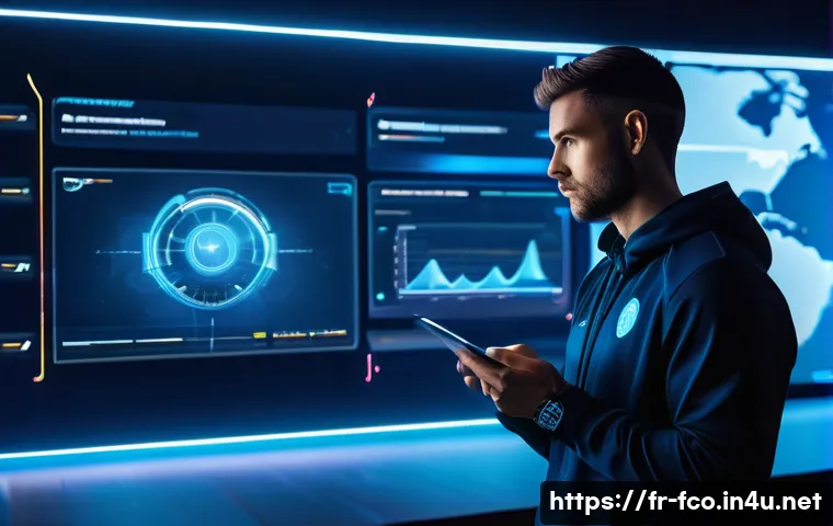 FC온라인 경기 리플레이 분석 - A detailed digital illustration of a virtual soccer coach analyzing a replay on a large, transparent...