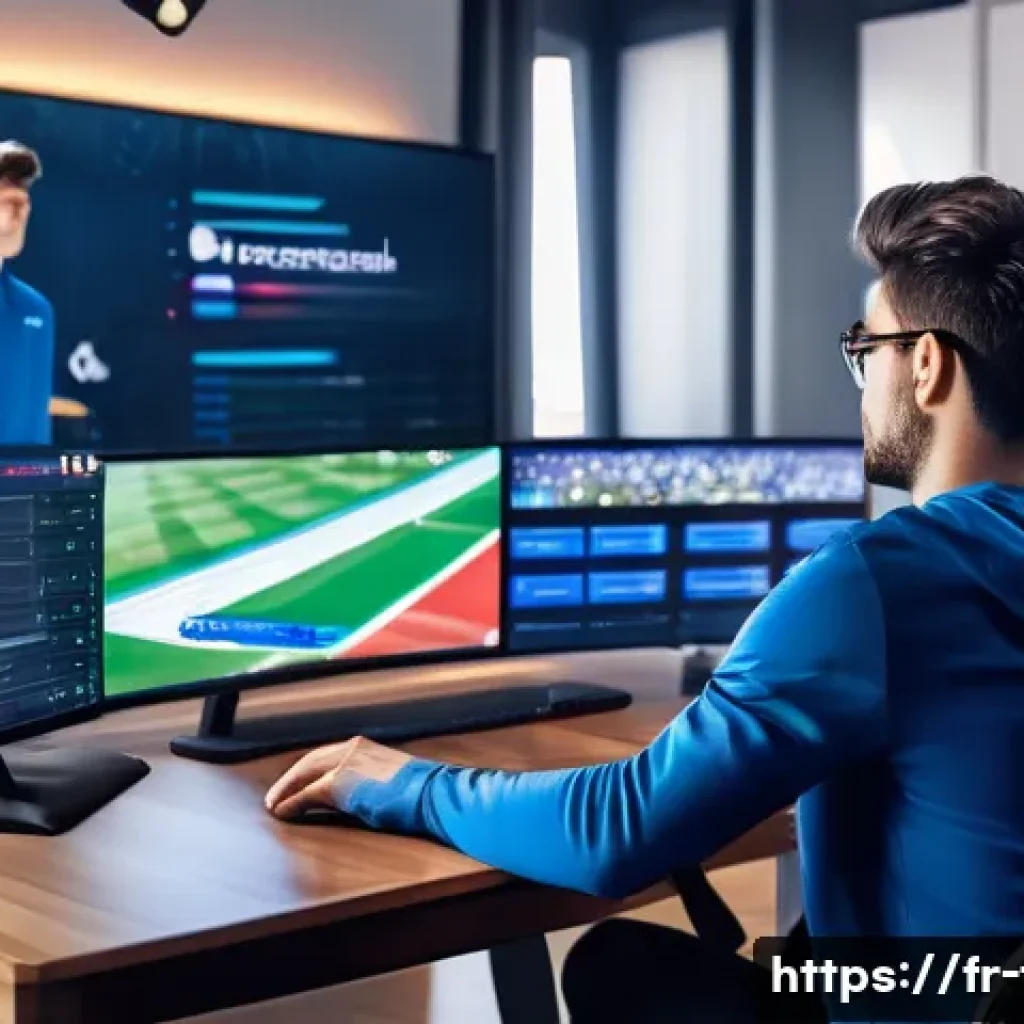 FC온라인 무과금 생존 팁 - A dynamic esports gaming scene featuring a focused French male player in his mid-20s, sitting at a m...