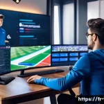 FC온라인 무과금 생존 팁 - A dynamic esports gaming scene featuring a focused French male player in his mid-20s, sitting at a m...