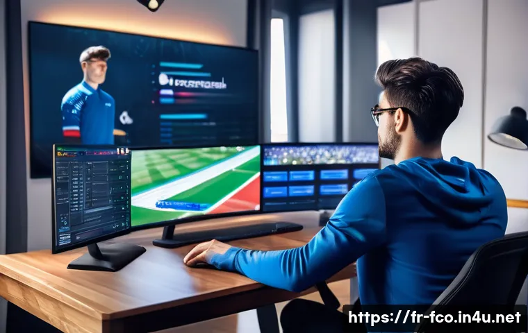 FC온라인 무과금 생존 팁 - A dynamic esports gaming scene featuring a focused French male player in his mid-20s, sitting at a m...