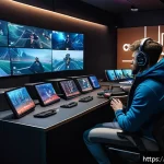 FC온라인 마스터리 해금 - A dynamic esports training scene showing a diverse group of adult players intensely analyzing their ...