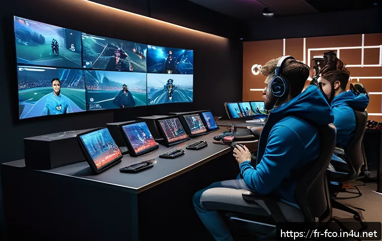 FC온라인 마스터리 해금 - A dynamic esports training scene showing a diverse group of adult players intensely analyzing their ...