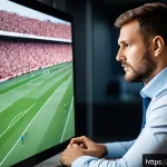 FC온라인 스카우트 활용법 - A detailed scene of a football scout analyzing advanced player statistics on multiple digital screen...