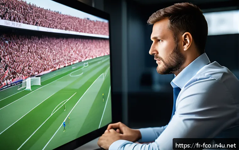 FC온라인 스카우트 활용법 - A detailed scene of a football scout analyzing advanced player statistics on multiple digital screen...