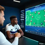 FC온라인 순위 경기 비법 - A dynamic football team strategy meeting scene inside a modern stadium’s tactical room, showcasing a...
