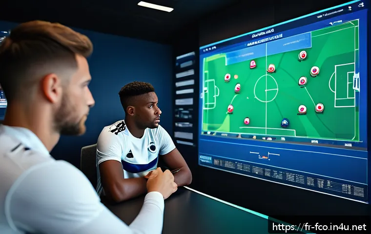 FC온라인 순위 경기 비법 - A dynamic football team strategy meeting scene inside a modern stadium’s tactical room, showcasing a...