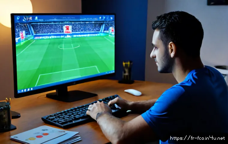 Home 17 FC온라인 전략적 선수 영입 - Photorealistic French football gaming enthusiast at a clean modern desk, carefully comparing player ...