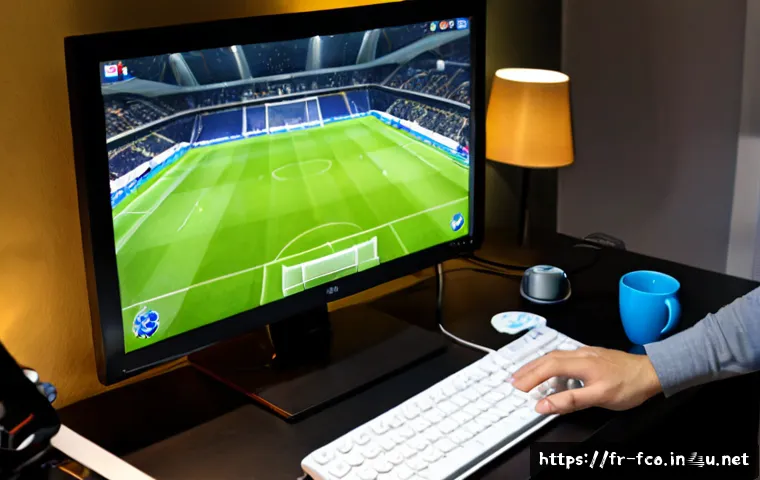 Home 17 FC온라인 아이템 세팅법 - Photorealistic French football gaming enthusiast at a tidy home desk in Paris, carefully comparing v...