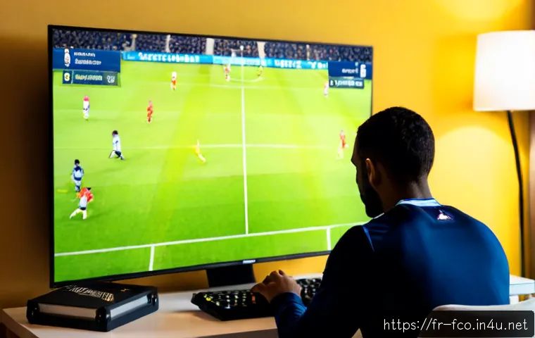 FC온라인 전술 가이드 - Photorealistic French football gaming strategy scene, an adult player at a clean modern desk in a Pa...